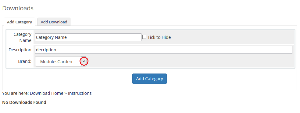 Multibrand 1.X For WHMCS: WHMCS Downloads Add Category form with the Brand drop-down list