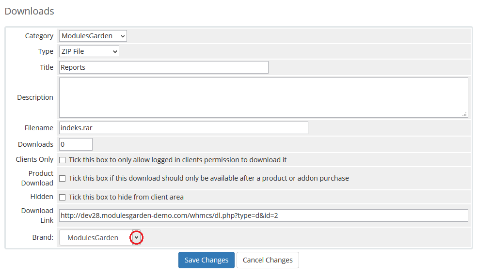 Multibrand 1.X For WHMCS: WHMCS Downloads form for adding a file with the Brand drop-down list