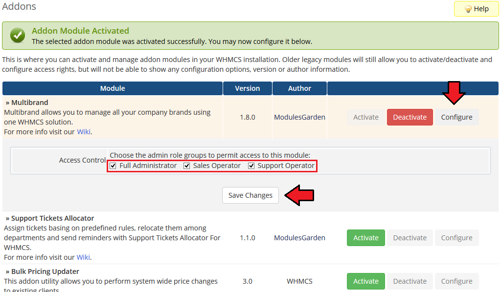 Multibrand 1.X For WHMCS: WHMCS Addon Modules access control with admin role groups ticked and Save Changes button