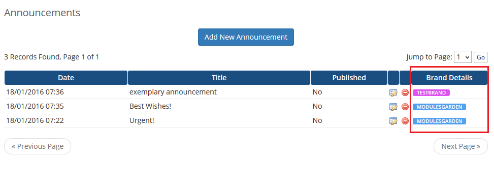 Multibrand 1.X For WHMCS: WHMCS Announcements list with the Brand Details column highlighted