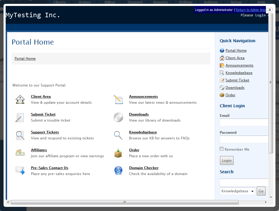 Multibrand 1.X For WHMCS: brand client area preview in a popup window with the Portal Home page and client login