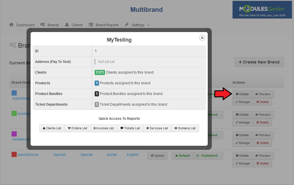 Multibrand 1.X For WHMCS: brand Details popup with assigned clients, products and ticket departments and quick report