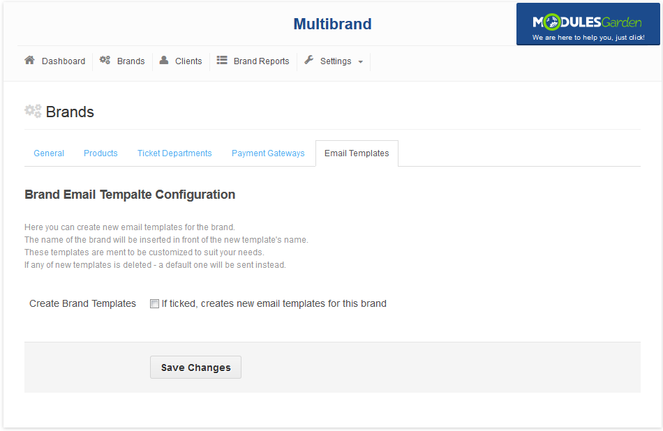 Multibrand 1.X For WHMCS: brand Email Templates tab with the Create Brand Templates checkbox and Save Changes button