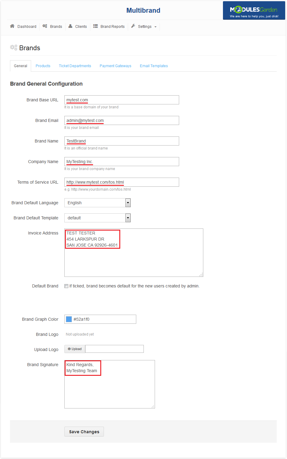 Multibrand 1.X For WHMCS: Brand General Configuration form with base URL, email, name, company and terms of service URL