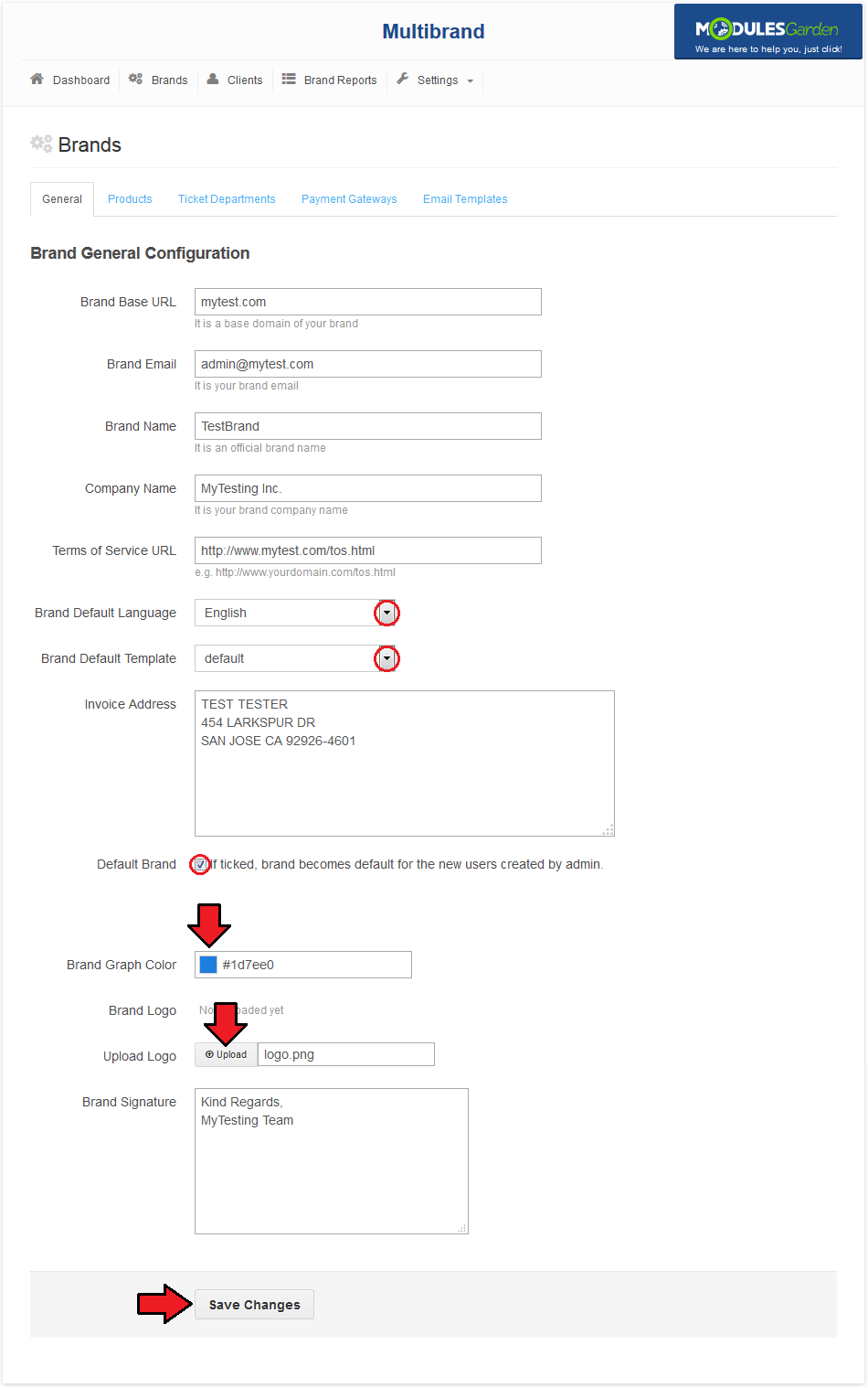 Multibrand 1.X For WHMCS: Brand General Configuration form with default brand, graph color, logo upload and Save Changes