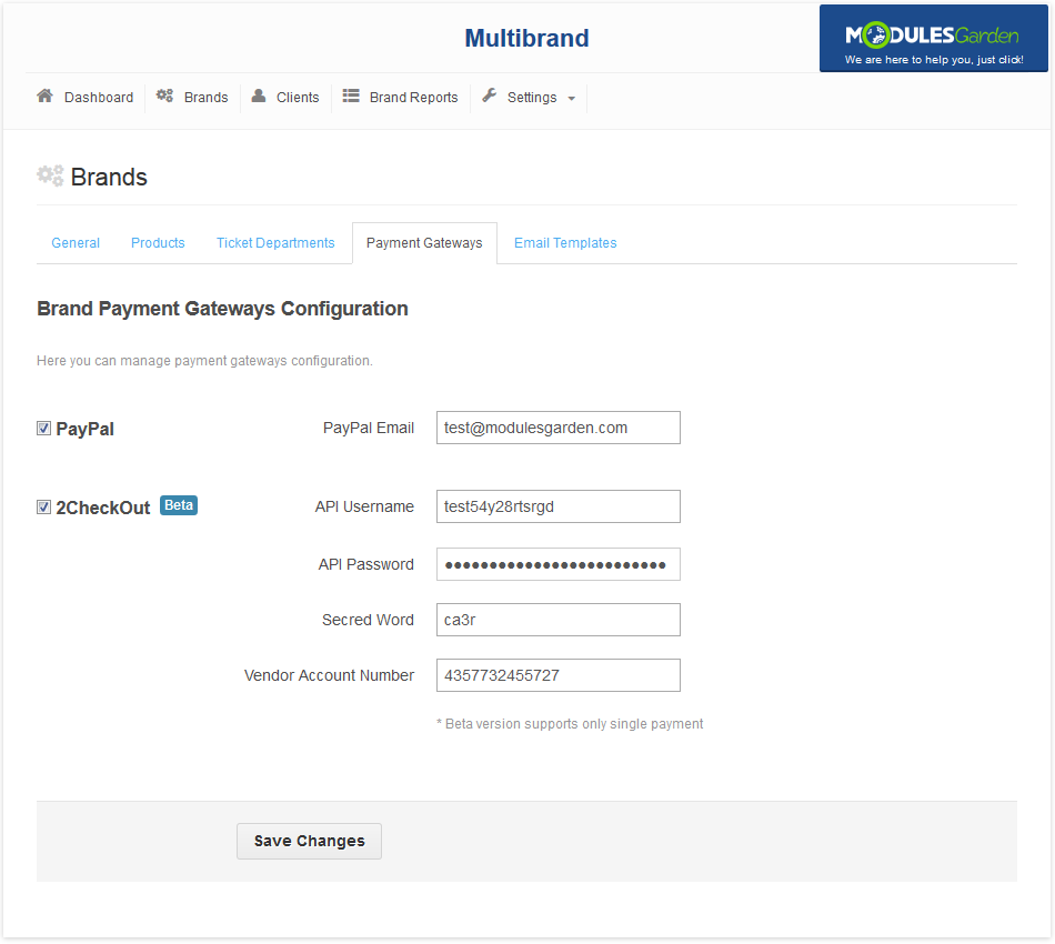 Multibrand 1.X For WHMCS: brand Payment Gateways tab with PayPal and 2Checkout settings