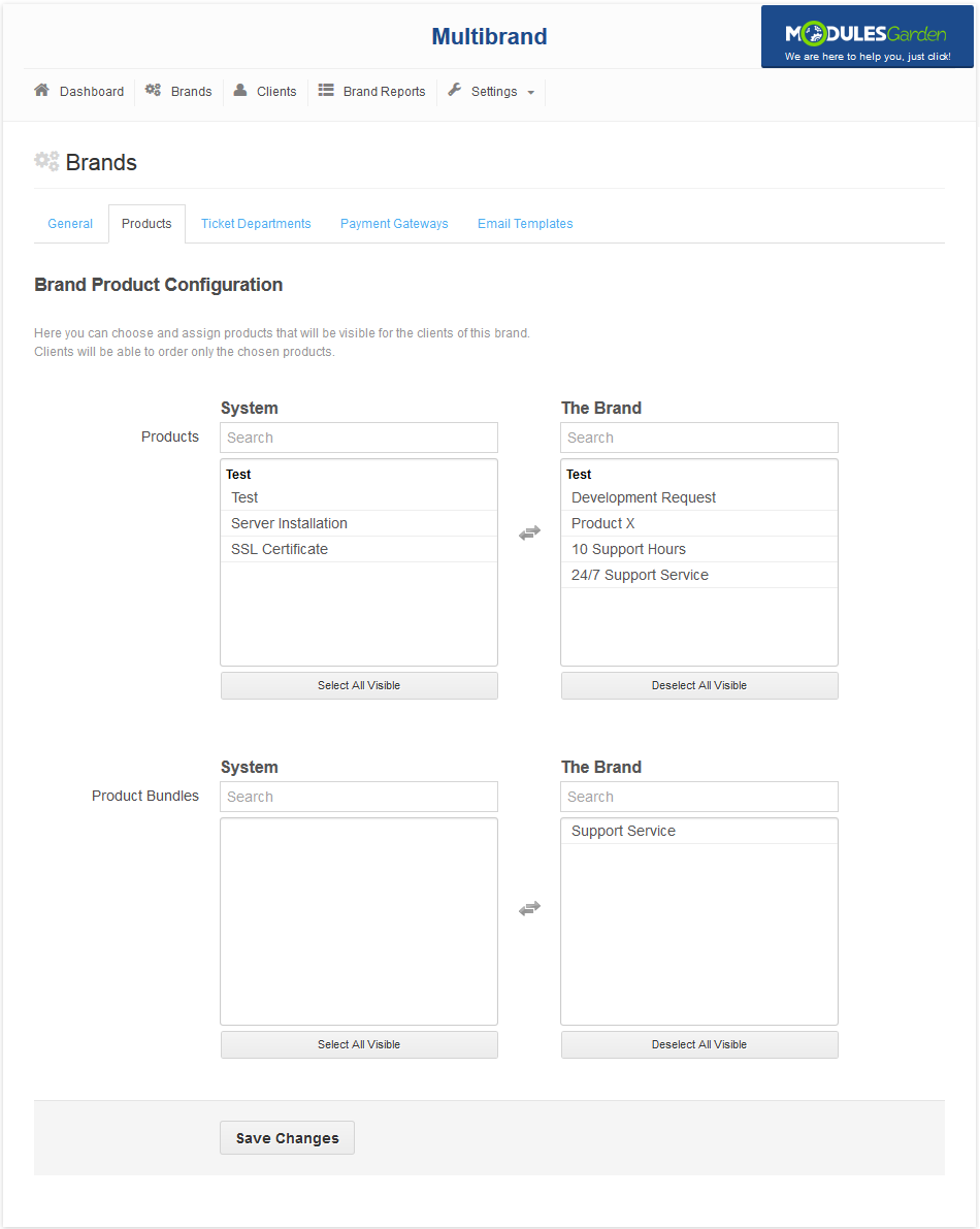 Multibrand 1.X For WHMCS: brand Products tab with system and brand lists of products and product bundles