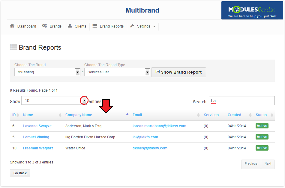 Multibrand 1.X For WHMCS: Brand Reports clients report filtered by search text, with entries per page and sortable