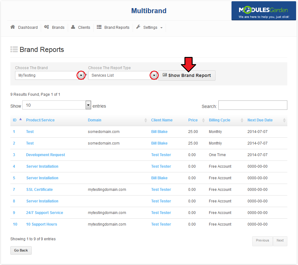 Multibrand 1.X For WHMCS: Brand Reports tab with brand and report type selectors and a Services List report table