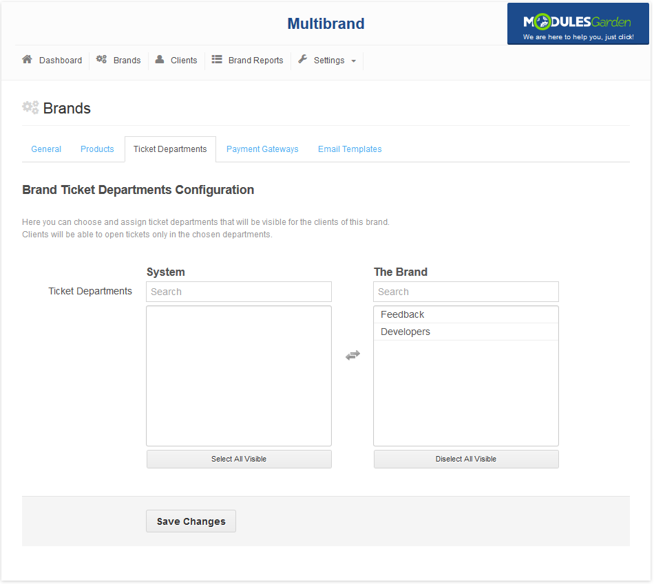 Multibrand 1.X For WHMCS: brand Ticket Departments tab with system and brand lists of departments