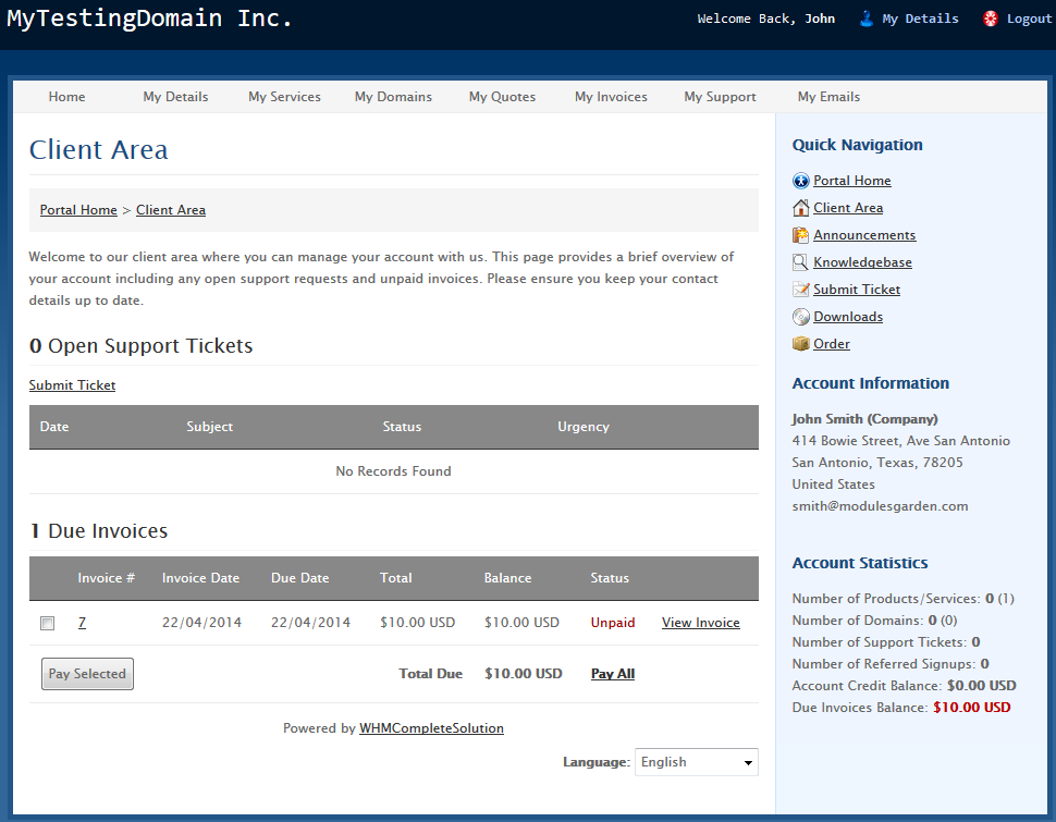 Multibrand 1.X For WHMCS: branded client area home page with open tickets, due invoices and quick navigation