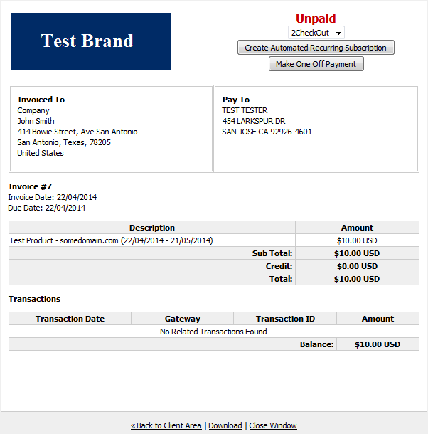 Multibrand 1.X For WHMCS: branded invoice page with the brand logo, Pay To address and 2Checkout payment options