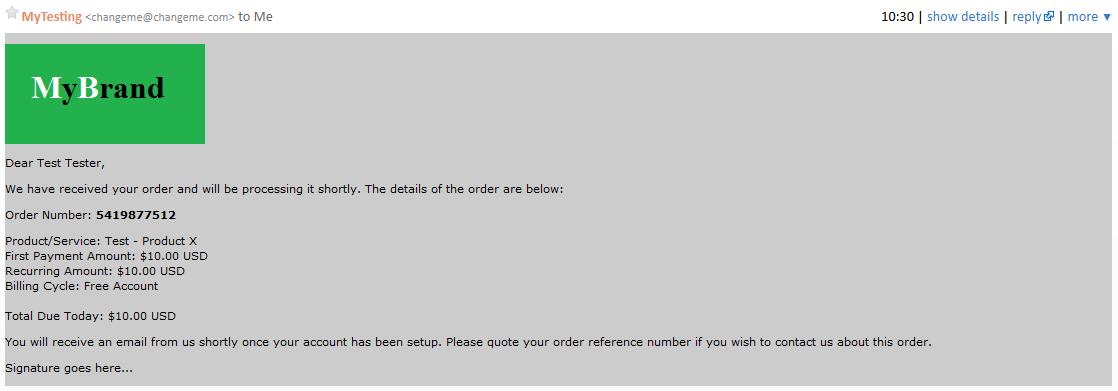 Multibrand 1.X For WHMCS: branded order confirmation email with the brand logo, order details and signature