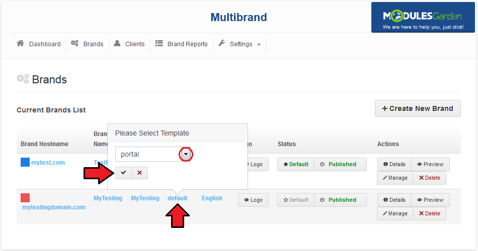 Multibrand 1.X For WHMCS: Brands list with a Please Select Template popup to change the brand template