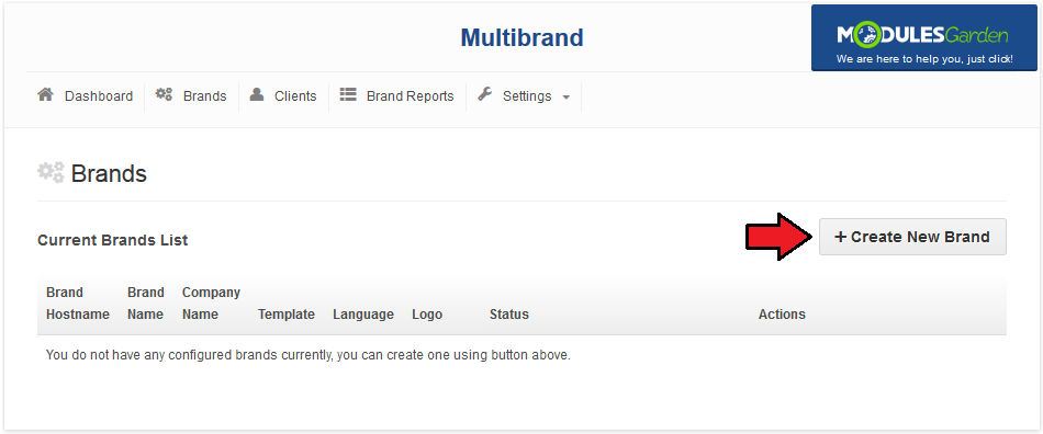 Multibrand 1.X For WHMCS: Brands tab with an empty brands list and the Create New Brand button