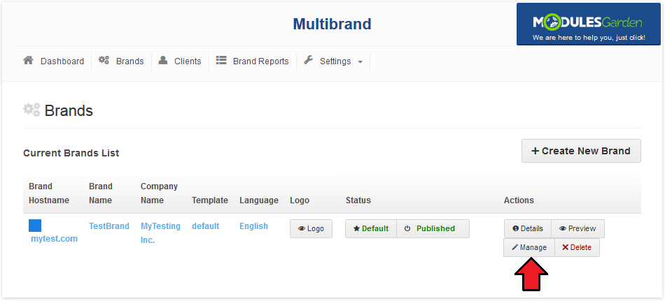 Multibrand 1.X For WHMCS: Brands list with a brand row and the Manage button in the Actions column