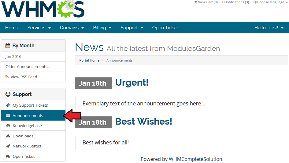 Multibrand 1.X For WHMCS: client area Announcements page showing only announcements of the client's brand