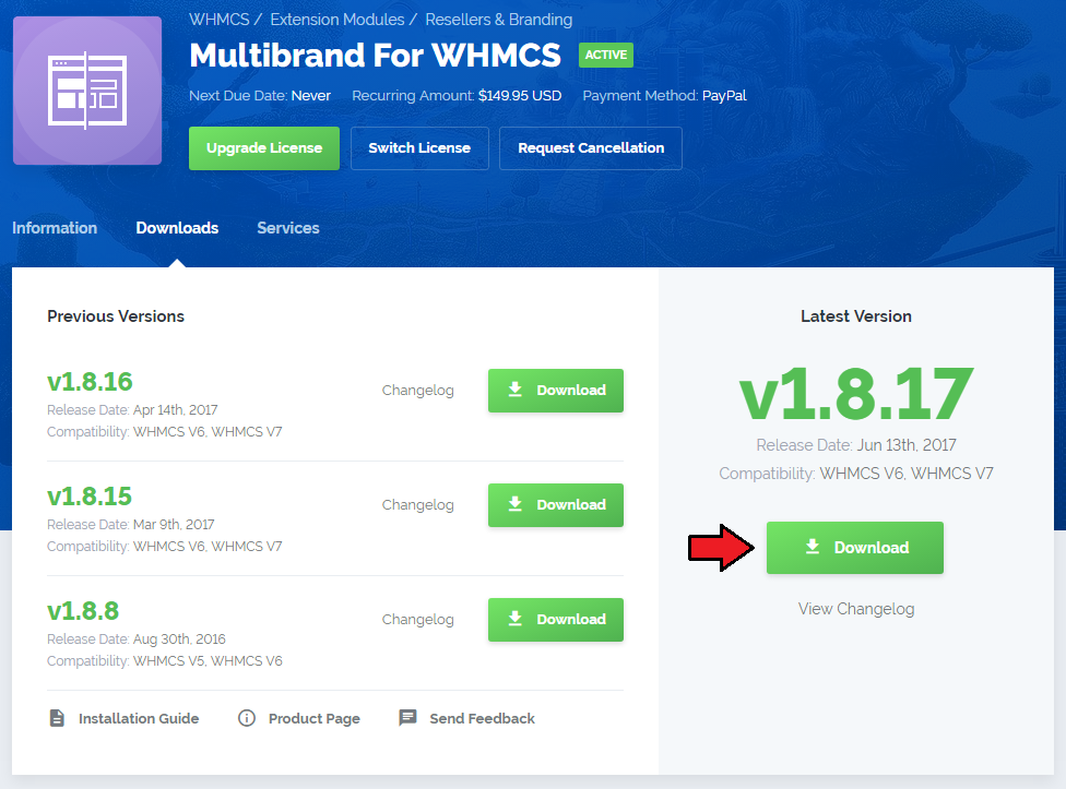 Multibrand 1.X For WHMCS: client area Downloads tab of the Multibrand product with the Download button for the latest