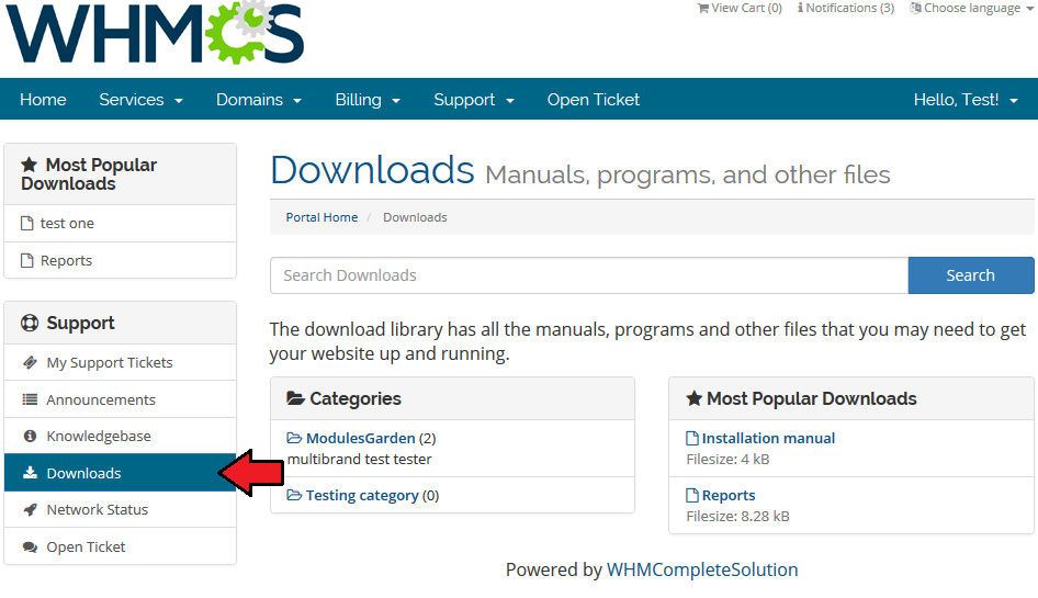 Multibrand 1.X For WHMCS: client area Downloads page with categories and the most popular downloads of the brand
