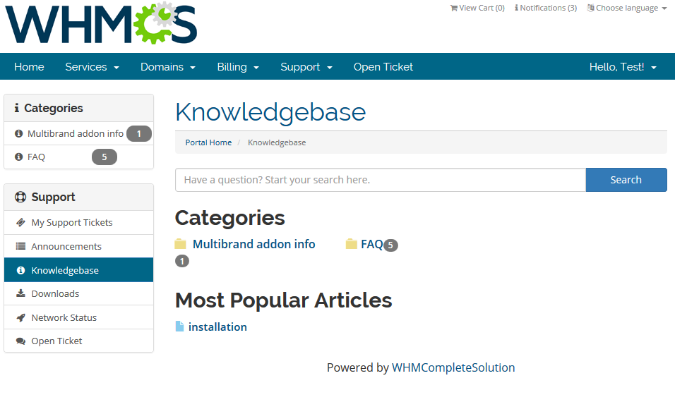 Multibrand 1.X For WHMCS: client area Knowledgebase page showing only categories and articles of the client's brand