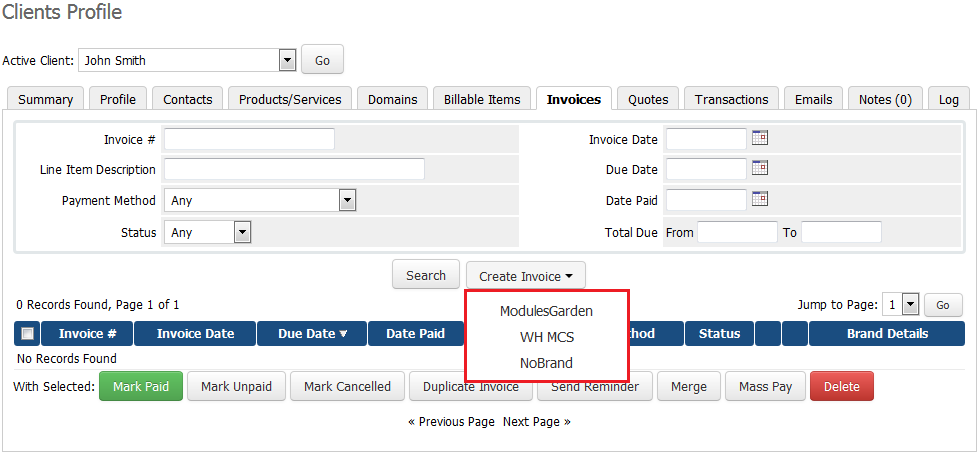 Multibrand 1.X For WHMCS: WHMCS client profile Invoices tab with the Create Invoice menu listing brands