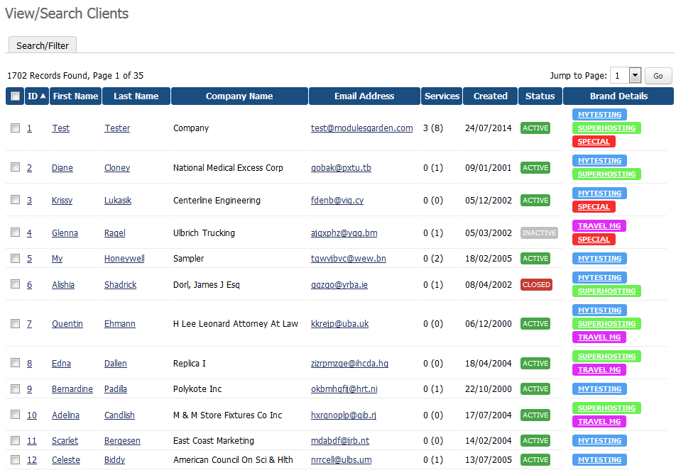 Multibrand 1.X For WHMCS: WHMCS View/Search Clients list with the Brand Details column showing brand labels