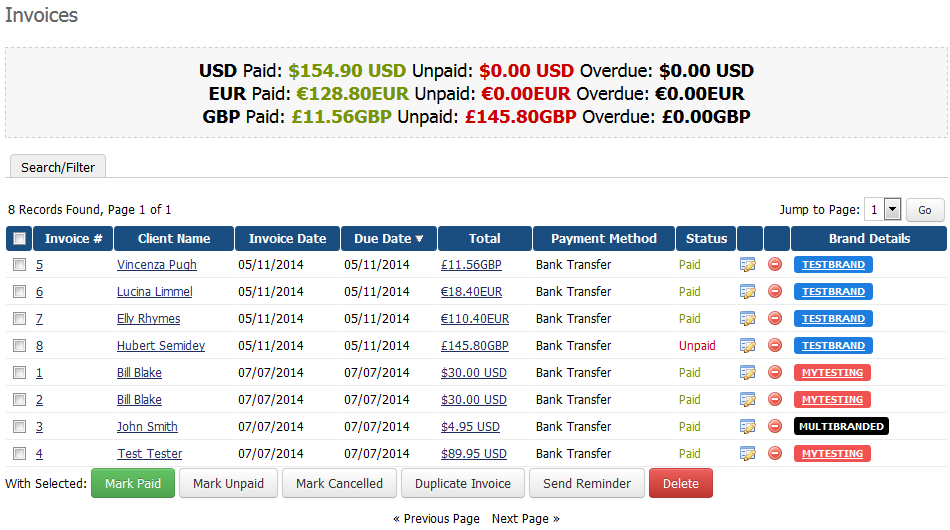 Multibrand 1.X For WHMCS: WHMCS View/Search Clients list with colored brand labels and client statuses