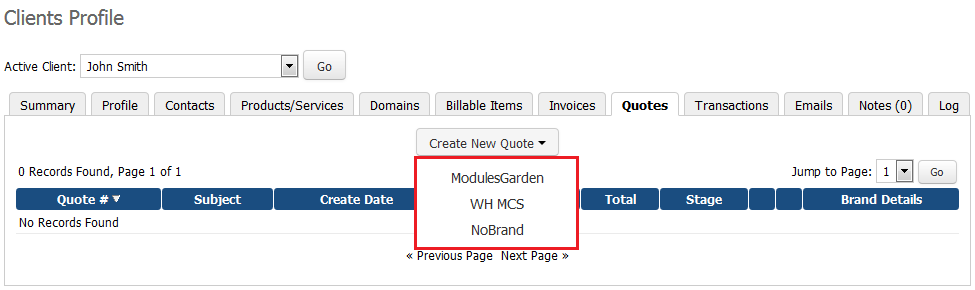 Multibrand 1.X For WHMCS: WHMCS client profile Quotes tab with the Create New Quote menu listing brands