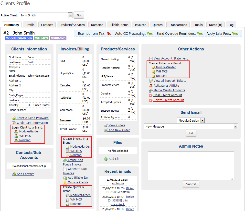 Multibrand 1.X For WHMCS: WHMCS client profile summary with options to log in, create invoice, quote and ticket in a