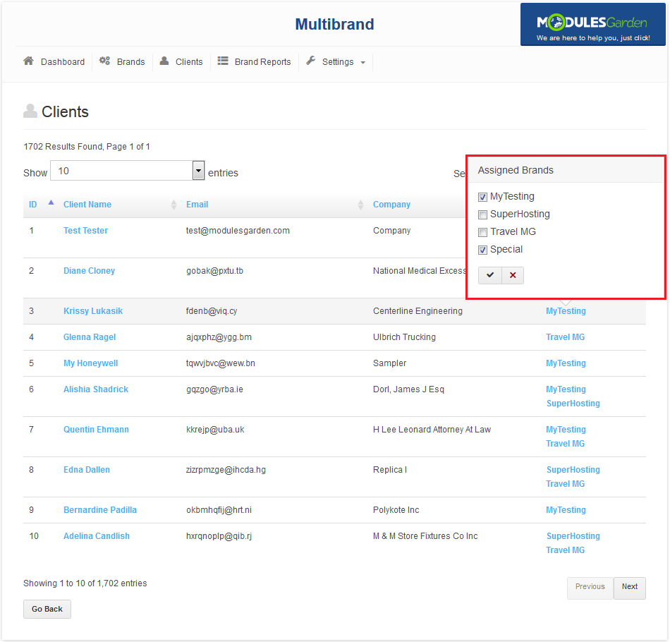 Multibrand 1.X For WHMCS: Clients tab with the Assigned Brands popup where brand checkboxes are ticked for a client