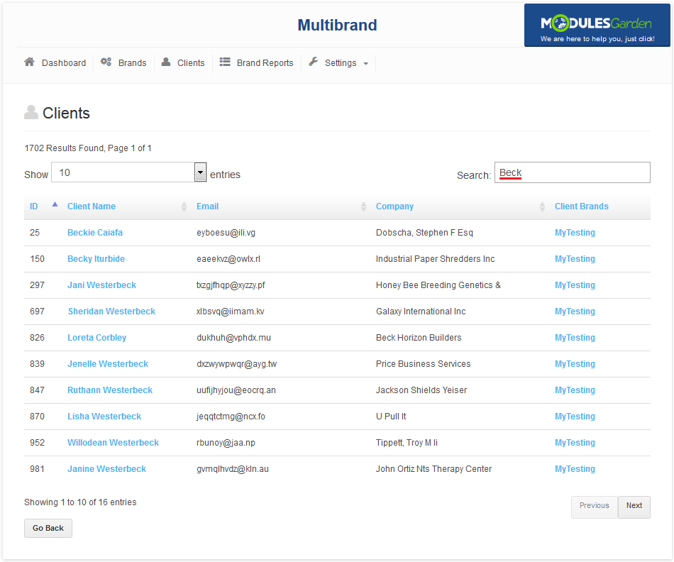 Multibrand 1.X For WHMCS: Clients tab with a search for the word Beck and the Client Brands column in the results