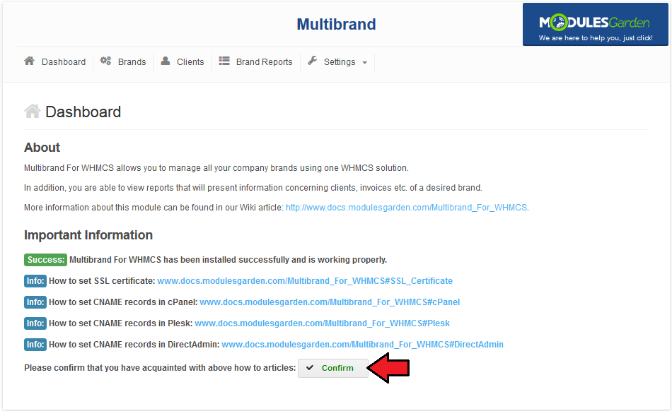 Multibrand 1.X For WHMCS: module Dashboard with links to SSL certificate and CNAME record articles