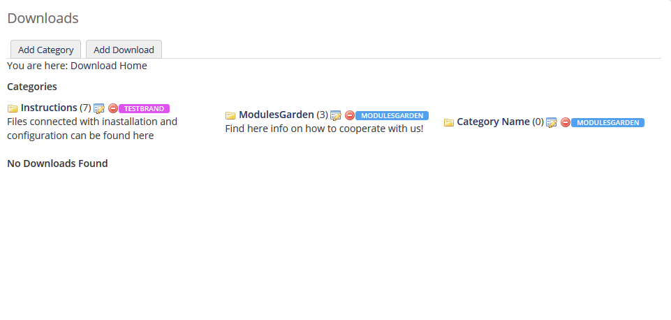 Multibrand 1.X For WHMCS: WHMCS Downloads categories list with brand labels next to each category