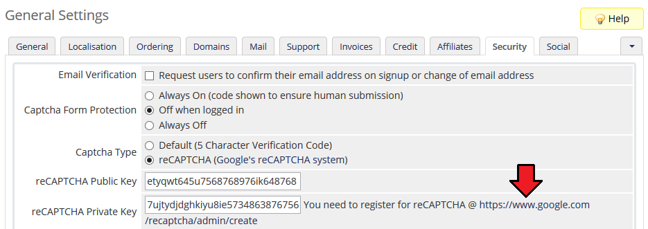 Multibrand 1.X For WHMCS: WHMCS General Settings Security tab with Captcha type set to reCAPTCHA and the key fields