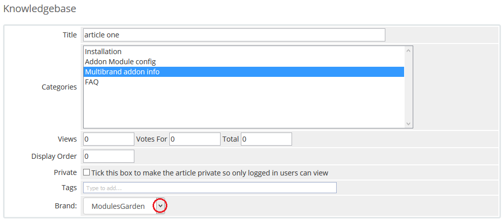 Multibrand 1.X For WHMCS: WHMCS Knowledgebase Add Article form with the Brand drop-down list
