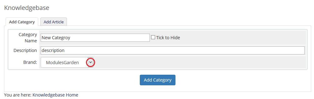 Multibrand 1.X For WHMCS: WHMCS Knowledgebase Add Category form with the Brand drop-down list