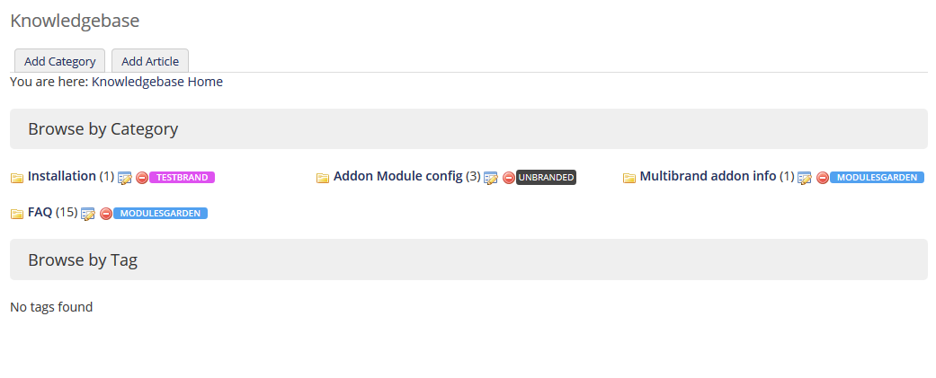 Multibrand 1.X For WHMCS: WHMCS Knowledgebase categories list with brand labels next to each category
