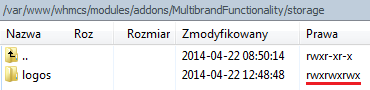 Multibrand 1.X For WHMCS: file manager showing the logos folder in the module storage directory with writable