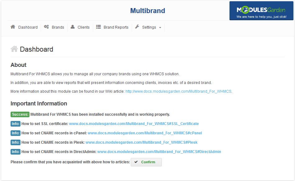 Multibrand 1.X For WHMCS: module Dashboard in the WHMCS admin area with install success message and Confirm button