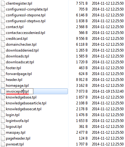 Multibrand 1.X For WHMCS: file manager with the invoicepdf.tpl file in the default template folder being renamed