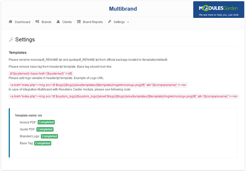 Multibrand 1.X For WHMCS: Settings tab with the Templates integration code instructions and completed template checks