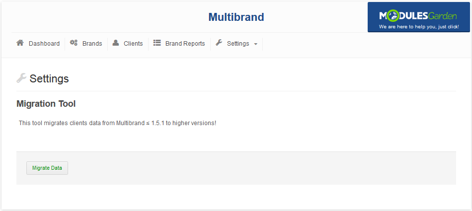 Multibrand 1.X For WHMCS: Settings Migration Tool page with the Migrate Data button