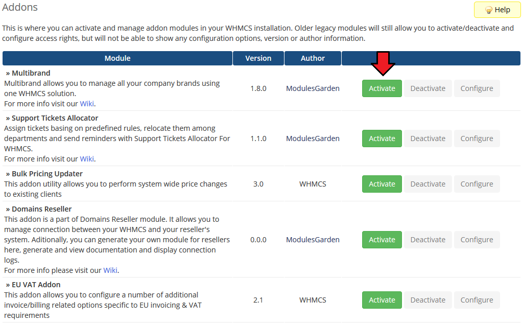 Multibrand 1.X For WHMCS: WHMCS Addon Modules list with the Multibrand module and its Activate button