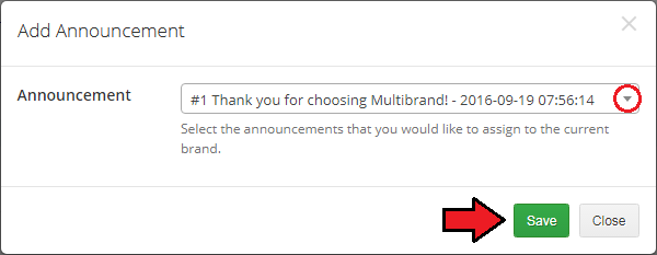 Multibrand For WHMCS: Add Announcement dialog with an announcement drop-down and the Save button