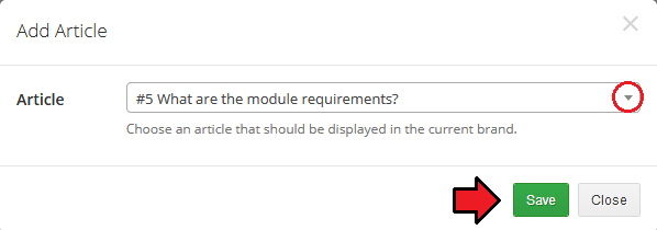 Multibrand For WHMCS: Add Article dialog with a knowledgebase article drop-down and the Save button