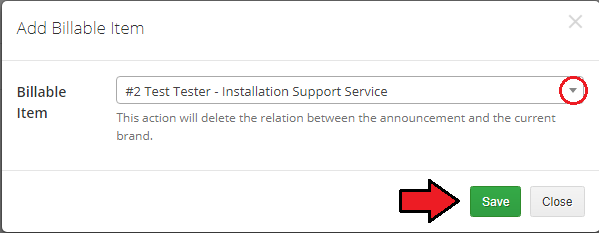 Multibrand For WHMCS: Add Billable Item dialog with a billable item drop-down and the Save button