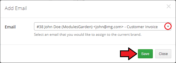 Multibrand For WHMCS: Add Email dialog with an email drop-down and the Save button for the current brand