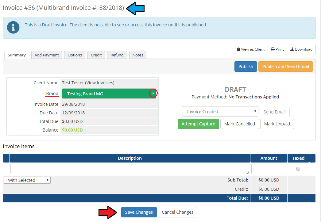 Multibrand For WHMCS: WHMCS invoice page with the Brand drop-down and the Multibrand Invoice number