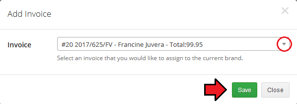 Multibrand For WHMCS: Add Invoice dialog with an invoice drop-down and the Save button for assigning it to the brand