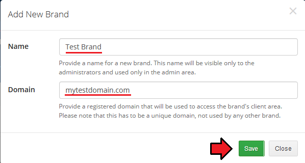 Multibrand For WHMCS: Add New Brand dialog with the Name and Domain fields filled in and the Save button